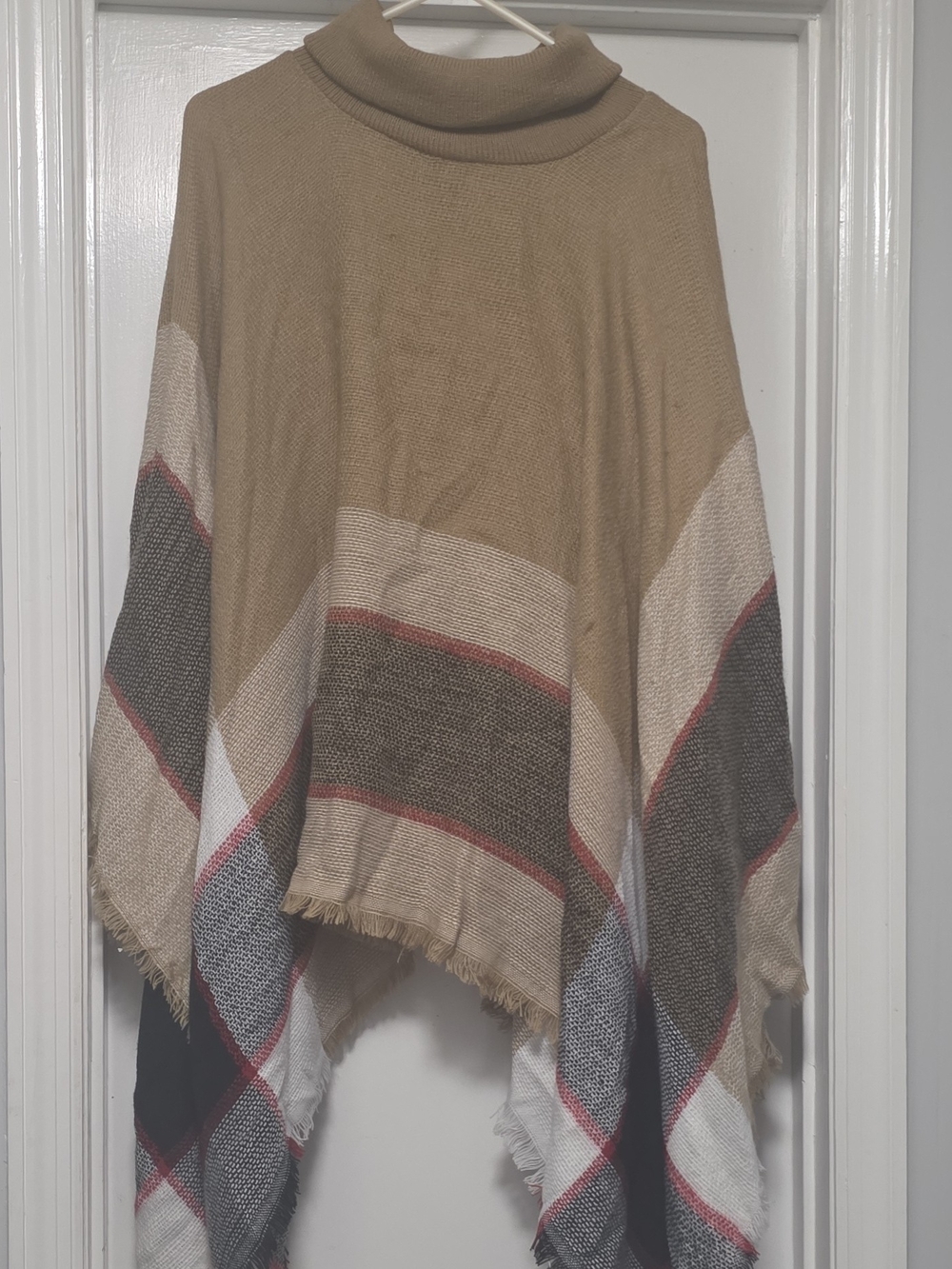 Turtleneck Fringe Poncho in Beige with Stripe Details